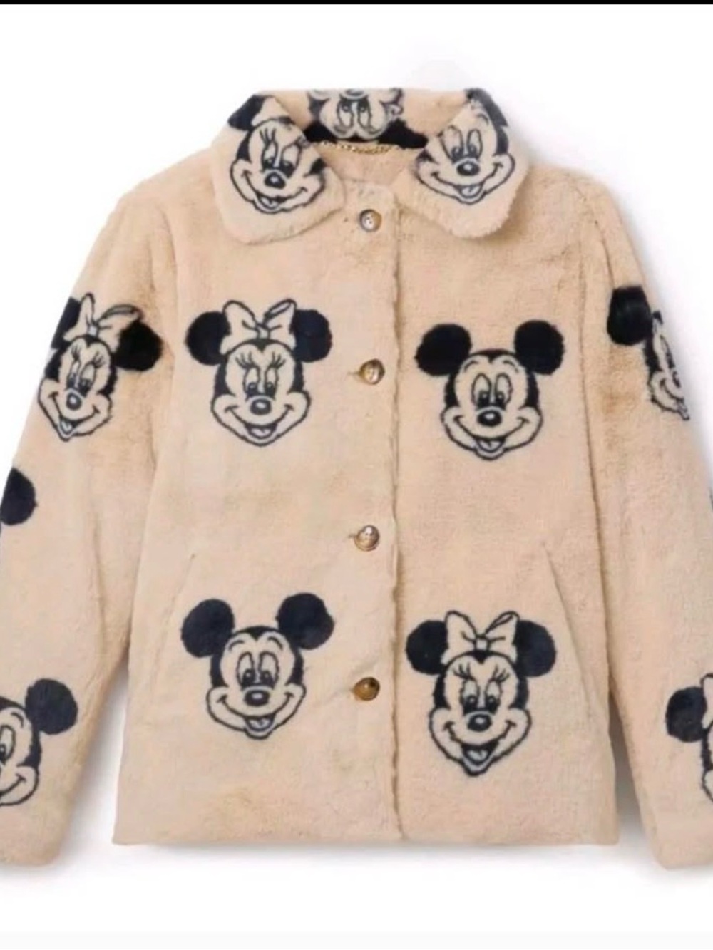 Disney Beige Faux Fur Mickey & Minnie Print Teddy Jacket